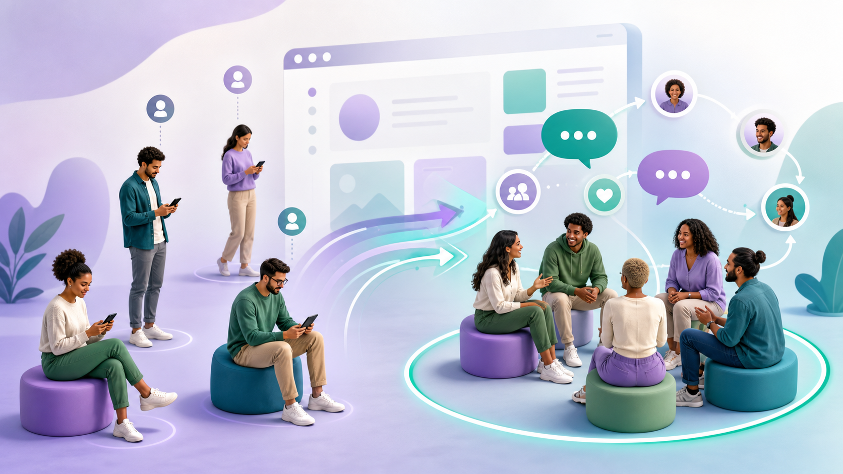 Visitantes isolados se conectando e formando uma comunidade ao redor de um site