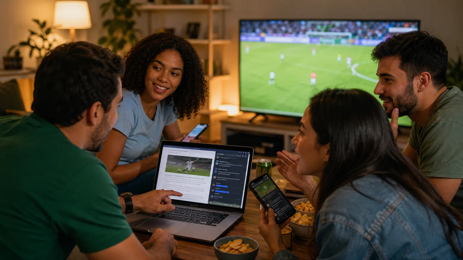 Torcedores acompanhando uma partida e participando de uma conversa em um portal esportivo pelo notebook e celular