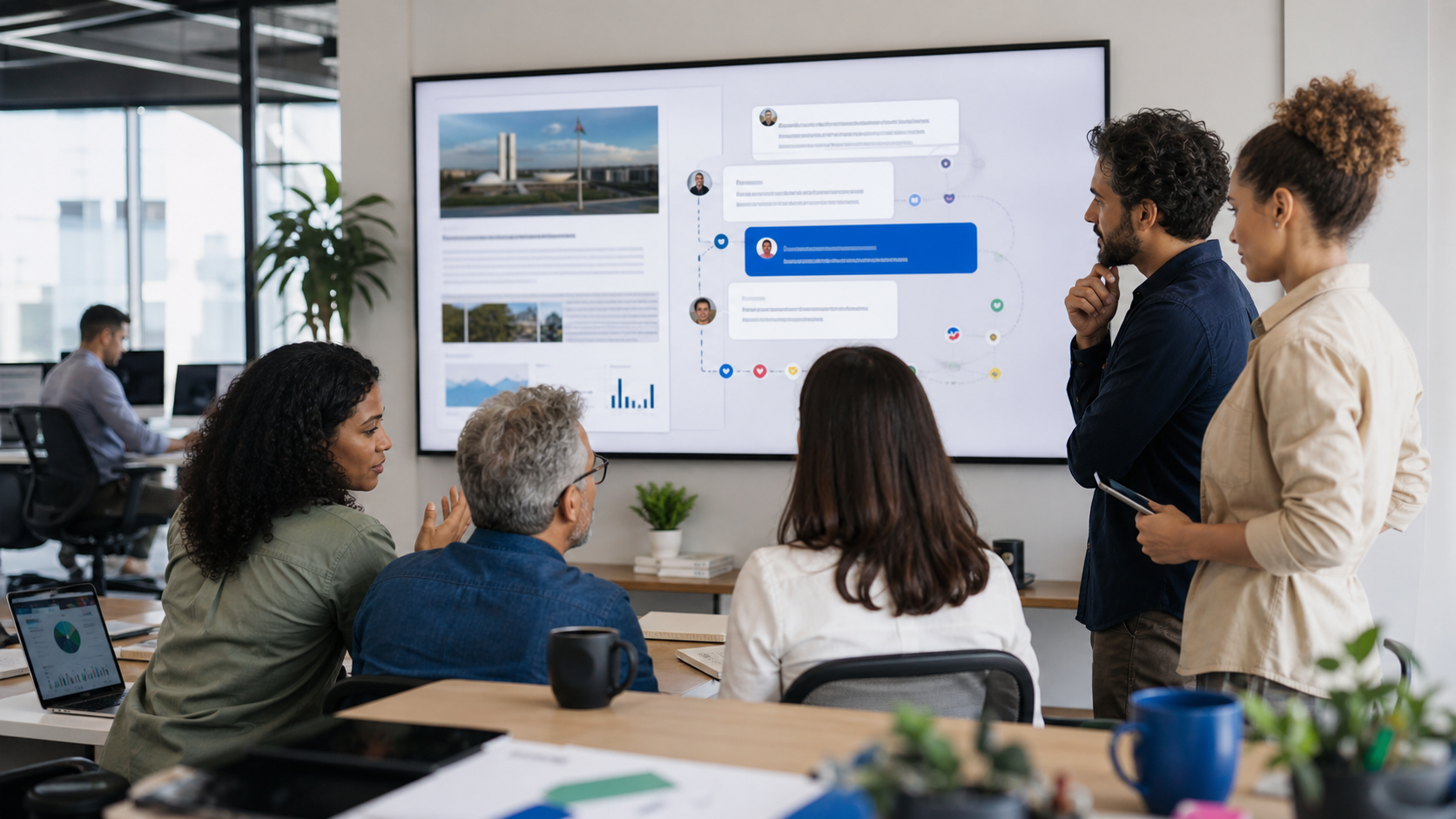 Equipe de um portal analisando participação dos leitores e novas formas de monetização da audiência